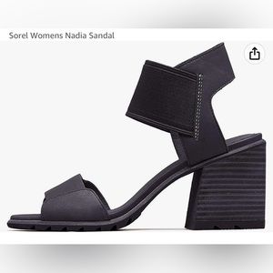 SOREL Nadia Black Leather Size 7.5 Heeled Slingback Sandals Orig $99 Worn 1x